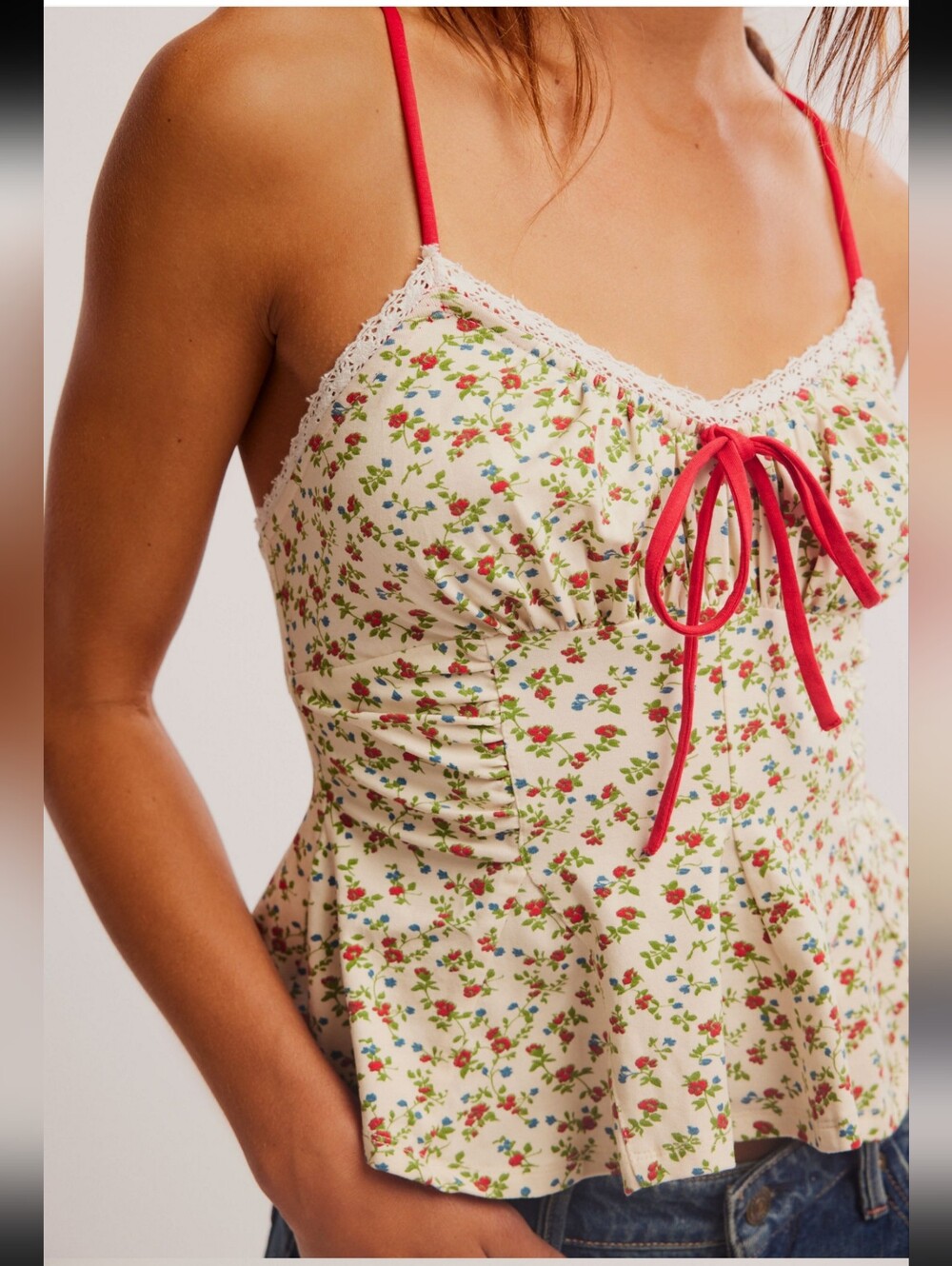 Free People Sammi Floral Peplum Cami Tank Top with Red Bow Sz Medium